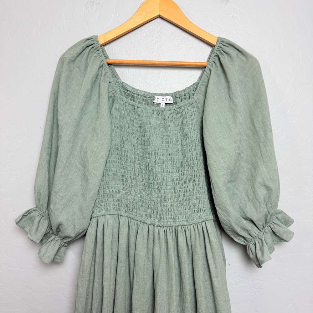 Ivy City Co Sage Green Smocked Cotton Midi Dress Puff Sleeve Large Cottagecore - Picture 2 of 10